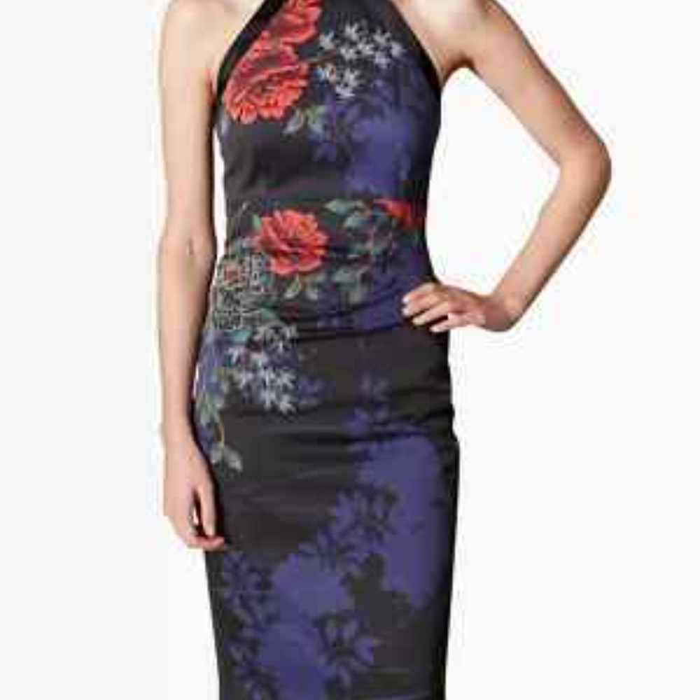 Karen Millen Floral Halter Neck Dress - Black and Red